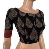 Ajrakh Cotton Boat Neck Blouse With Keyhole Back, Black , BA1182