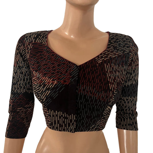 Ajrakh Cotton Sweetheart Neck Blouse With 3/4 Sleeves, Black , BA1183