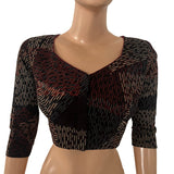 Ajrakh Cotton Sweetheart Neck Blouse With 3/4 Sleeves, Black , BA1183