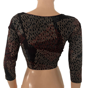 Ajrakh Cotton Sweetheart Neck Blouse With 3/4 Sleeves, Black , BA1183