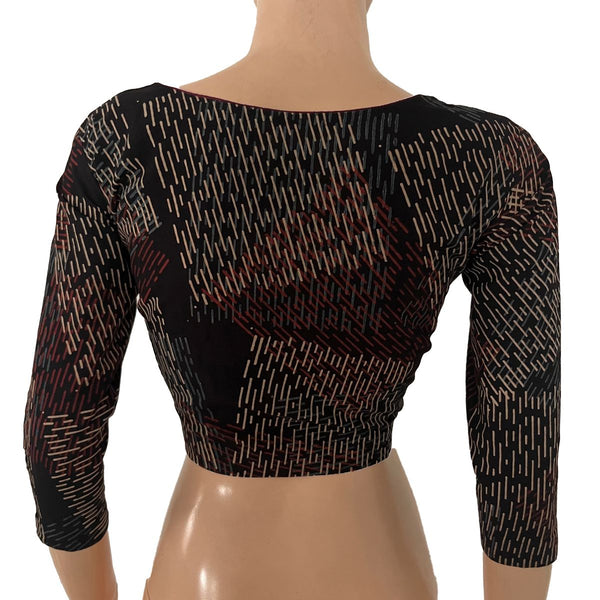 Ajrakh Cotton Sweetheart Neck Blouse With 3/4 Sleeves, Black , BA1183