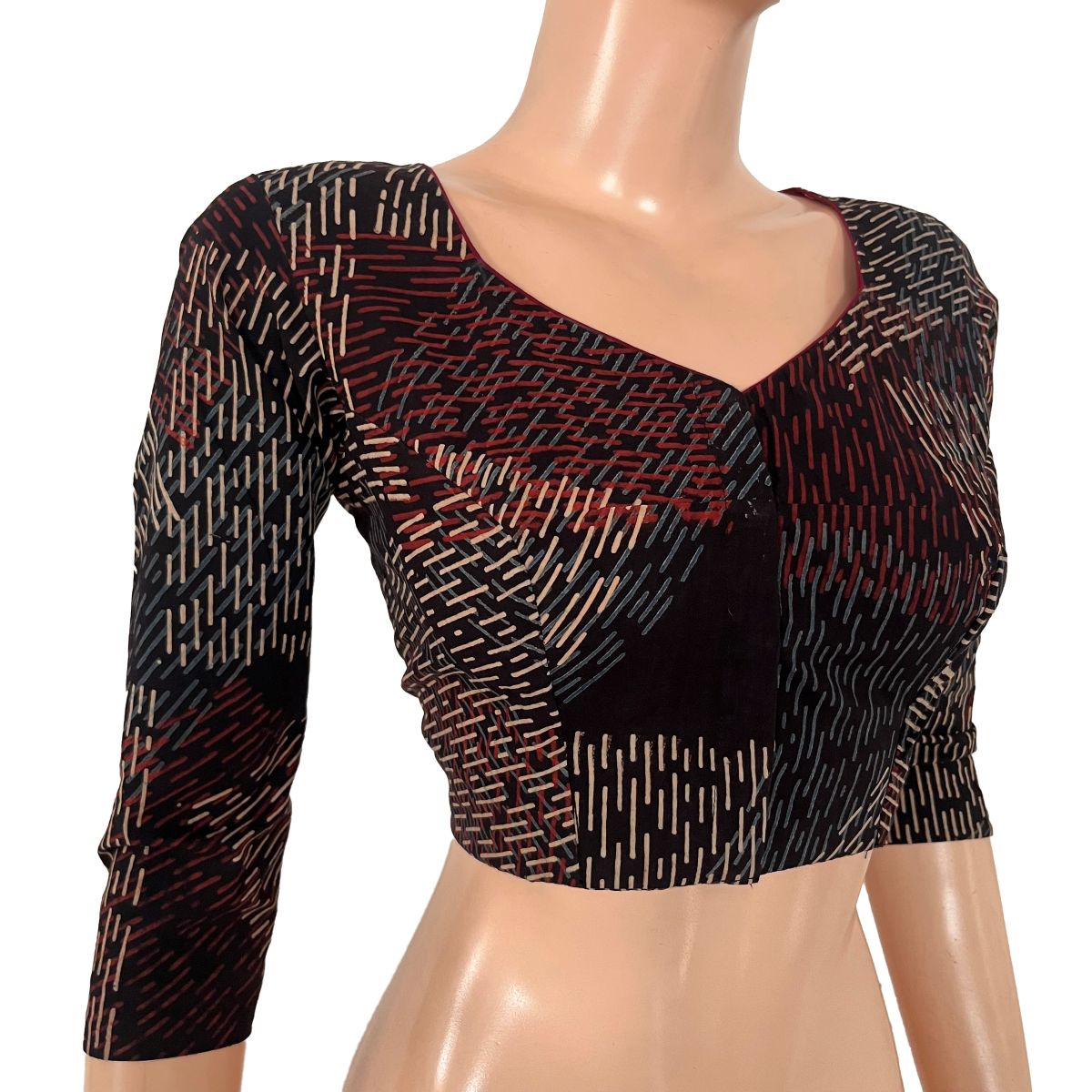 Ajrakh Cotton Sweetheart Neck Blouse With 3/4 Sleeves, Black , BA1183