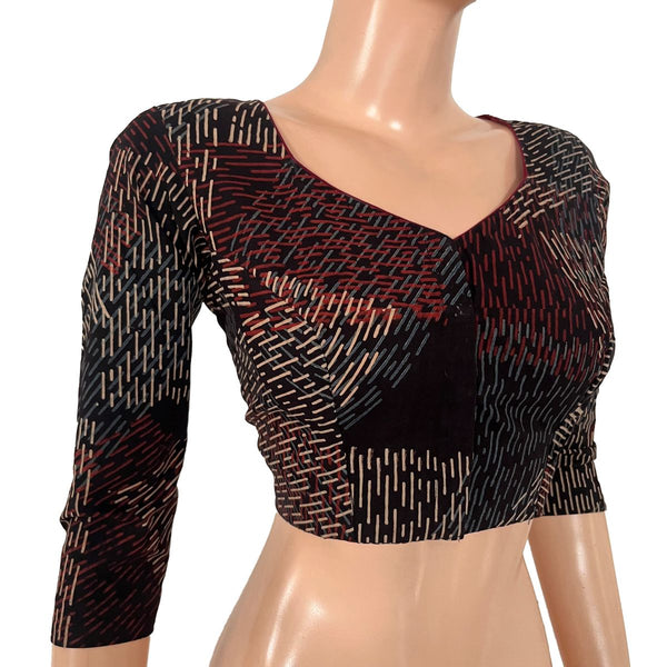 Ajrakh Cotton Sweetheart Neck Blouse With 3/4 Sleeves, Black , BA1183