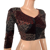 Ajrakh Cotton Sweetheart Neck Blouse With 3/4 Sleeves, Black , BA1183