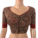 Ajrakh Cotton Sweetheart Neck Blouse , Brown , BA1184