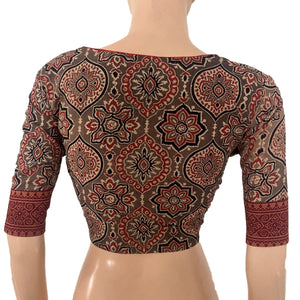 Ajrakh Cotton Sweetheart Neck Blouse , Brown , BA1184