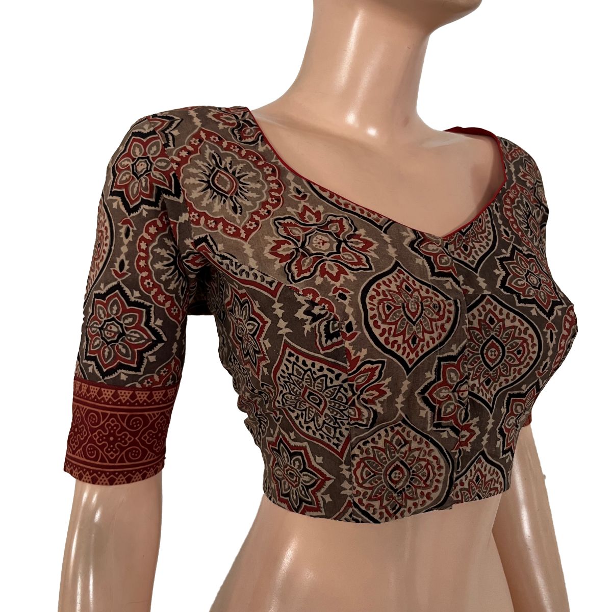 Ajrakh Cotton Sweetheart Neck Blouse , Brown , BA1184