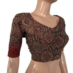 Ajrakh Cotton Sweetheart Neck Blouse , Brown , BA1184
