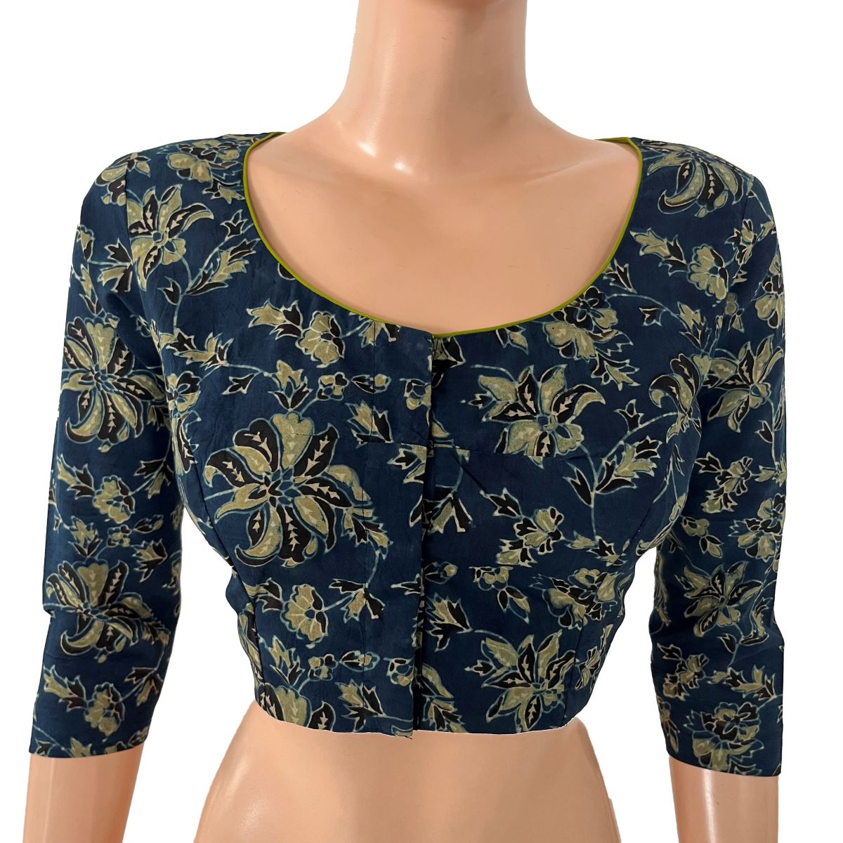 Ajrakh Cotton Round Neck Blouse with 3/4 Sleeves ,Indigo Blue , BA1185