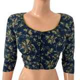 Ajrakh Cotton Round Neck Blouse with 3/4 Sleeves ,Indigo Blue , BA1185