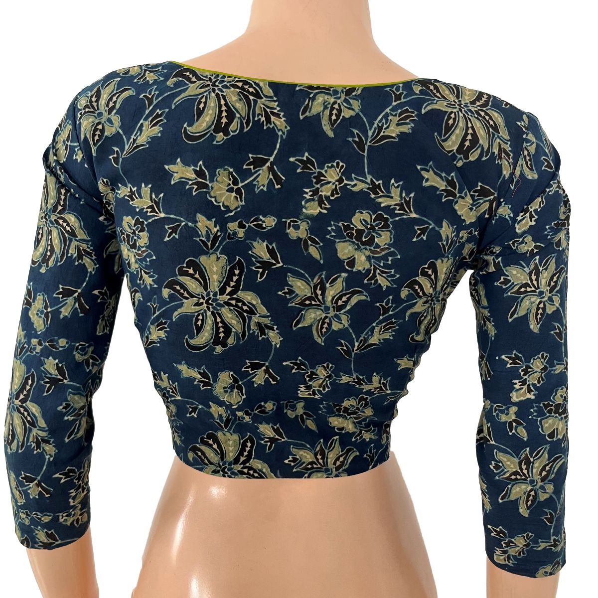 Ajrakh Cotton Round Neck Blouse with 3/4 Sleeves ,Indigo Blue , BA1185