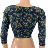 Ajrakh Cotton Round Neck Blouse with 3/4 Sleeves ,Indigo Blue , BA1185