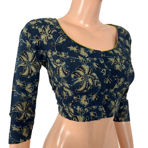 Ajrakh Cotton Round Neck Blouse with 3/4 Sleeves ,Indigo Blue , BA1185