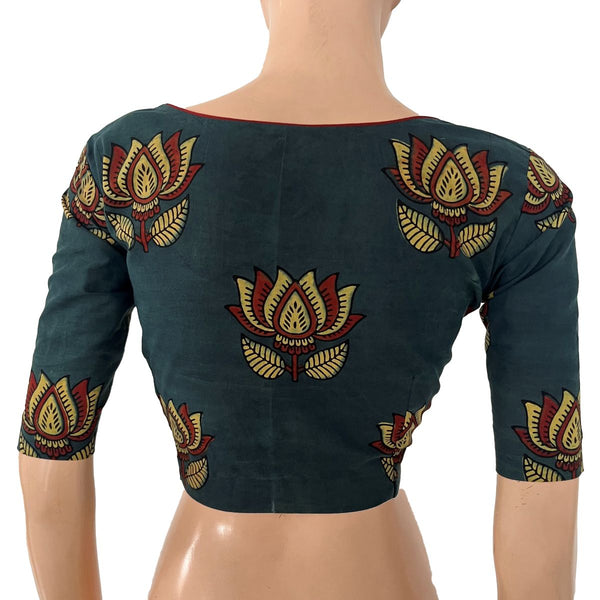 Ajrakh Cotton Sweetheart Neck Blouse  ,Bottle Green , BA1186