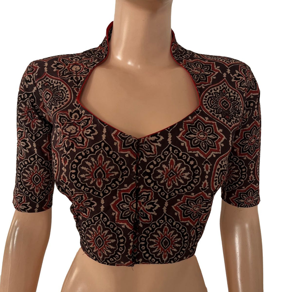 Ajrakh Cotton Highneck Blouse ,Brown , BA1187