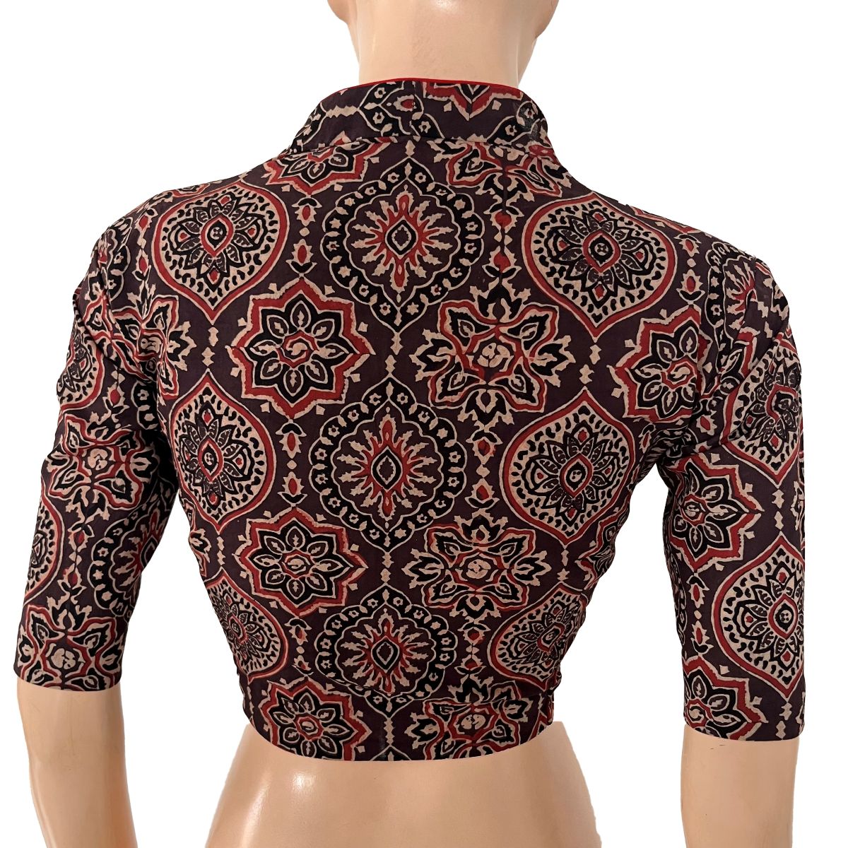 Ajrakh Cotton Highneck Blouse ,Brown , BA1187