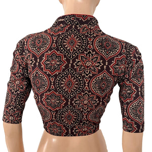 Ajrakh Cotton Highneck Blouse ,Brown , BA1187