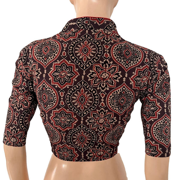 Ajrakh Cotton Highneck Blouse ,Brown , BA1187