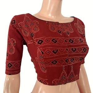 Ajrakh Cotton Boat Neck Blouse ,Maroon  , BA1188