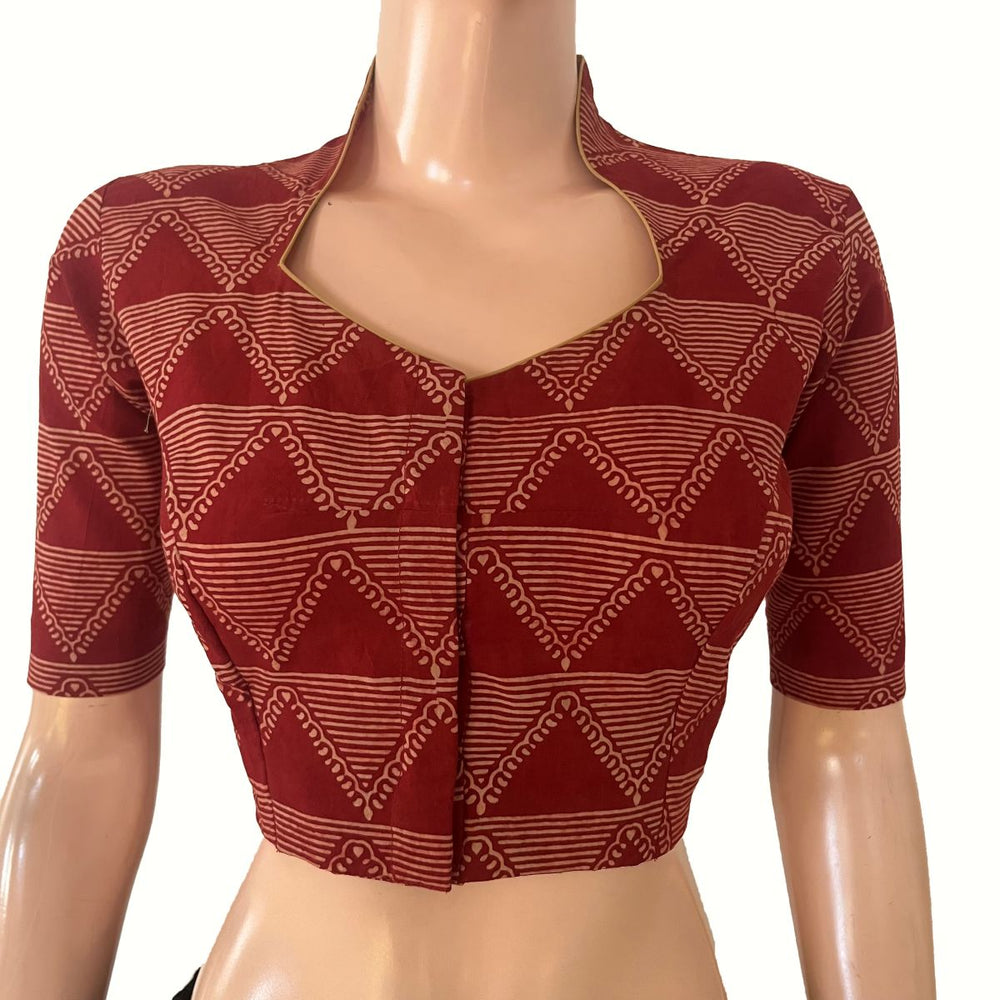 Ajrakh Cotton High Neck Blouse , Maroon , BA1192