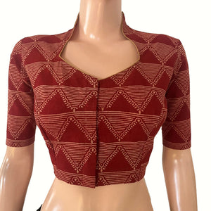 Ajrakh Cotton High Neck Blouse , Maroon , BA1192
