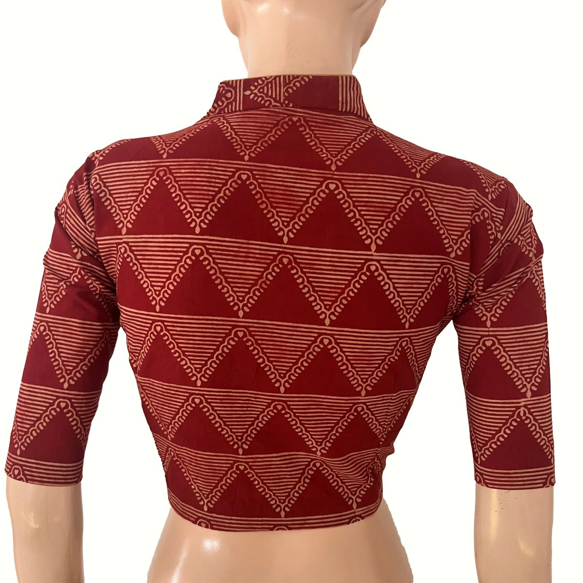 Ajrakh Cotton High Neck Blouse , Maroon , BA1192