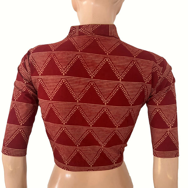 Ajrakh Cotton High Neck Blouse , Maroon , BA1192