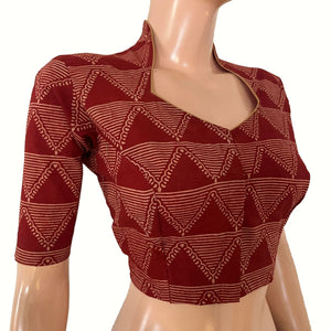 Ajrakh Cotton High Neck Blouse , Maroon , BA1192