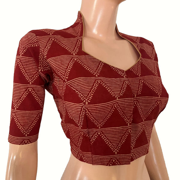 Ajrakh Cotton High Neck Blouse , Maroon , BA1192