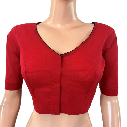 Handloom Flex Cotton V neck Blouse, Keyhole back with Bead work ,  Red, BH1163