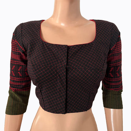 Jacquard Cotton  Checkered Square - U  neck Blouse with Lining,  Black,  BH1256