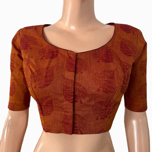 Jacquard Cotton  Round neck Blouse with Lining,  Mustard - Maroon,  BH1257
