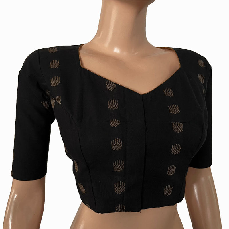 Jacquard Cotton Sweetheart neck Blouse with Lining,  Black,  BH1259