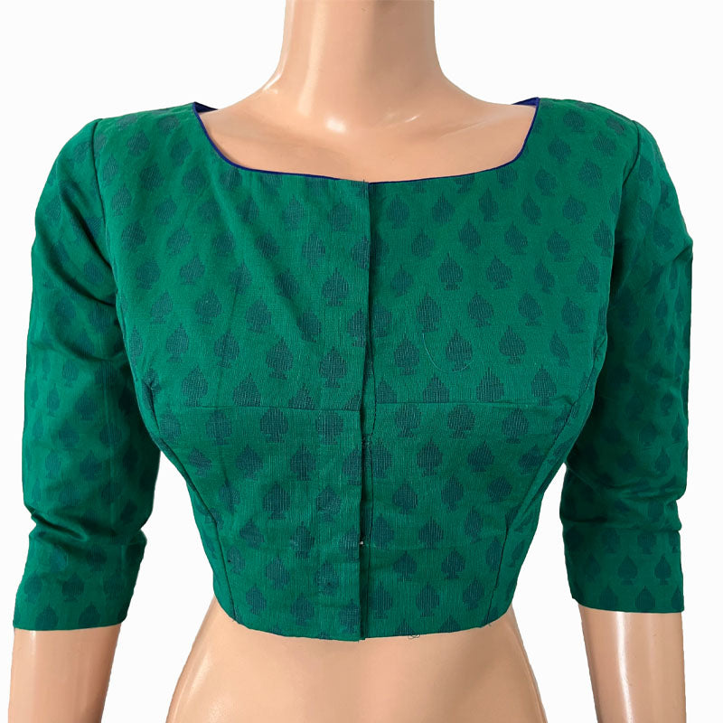 Jacquard Cotton Boat neck Blouse with Lining,  Green,  BH1260