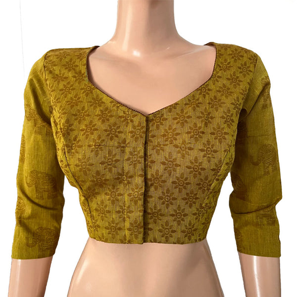 Jacquard Cotton Sweetheart neck Blouse wit Lining, Mustard, BH1268