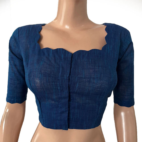 Slub Cotton Scallop neck Blouse, Blue, BH1269