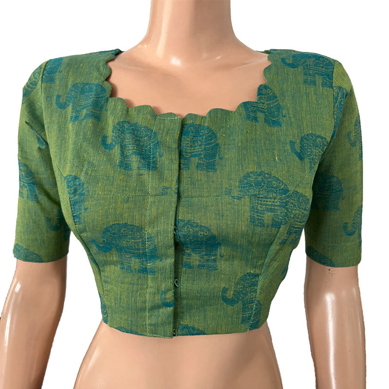 Jacquard Cotton Scallop neck Blouse wit Lining, Parrot Green, BH1271