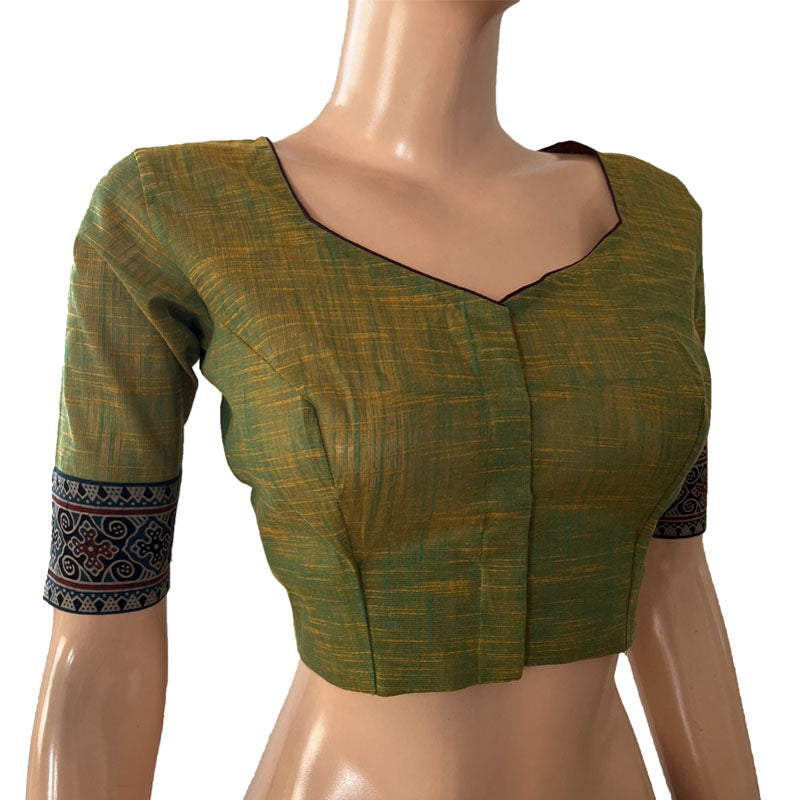 Slub Cotton Sweetheart neck Blouse with Ajrakh Patches, Olive Green, BH1272