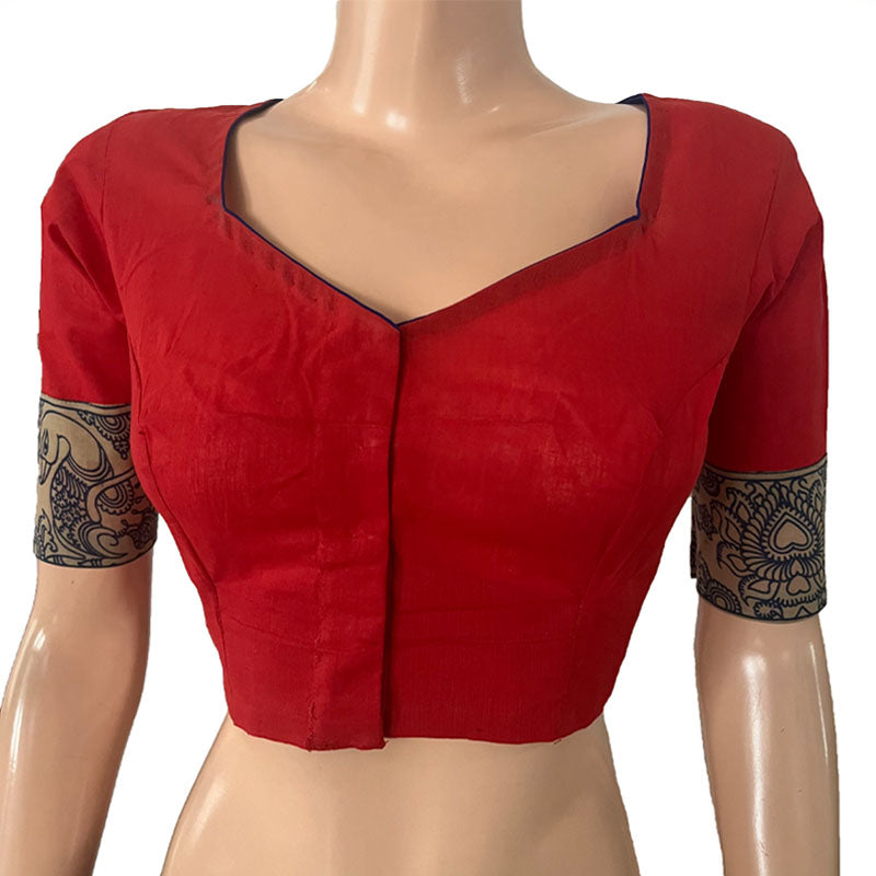 Flex Cotton Sweetheart neck Blouse with Kalamkari Patches,  Red, BH1273