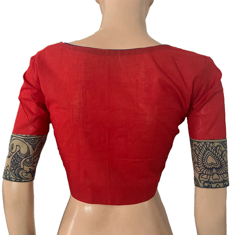South Cotton Sweetheart neck Blouse with Kalamkari Patches,  Red, BH1273