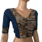 Slub Cotton V neck Blouse with Kalamkari Patches,  Blue, BH1275