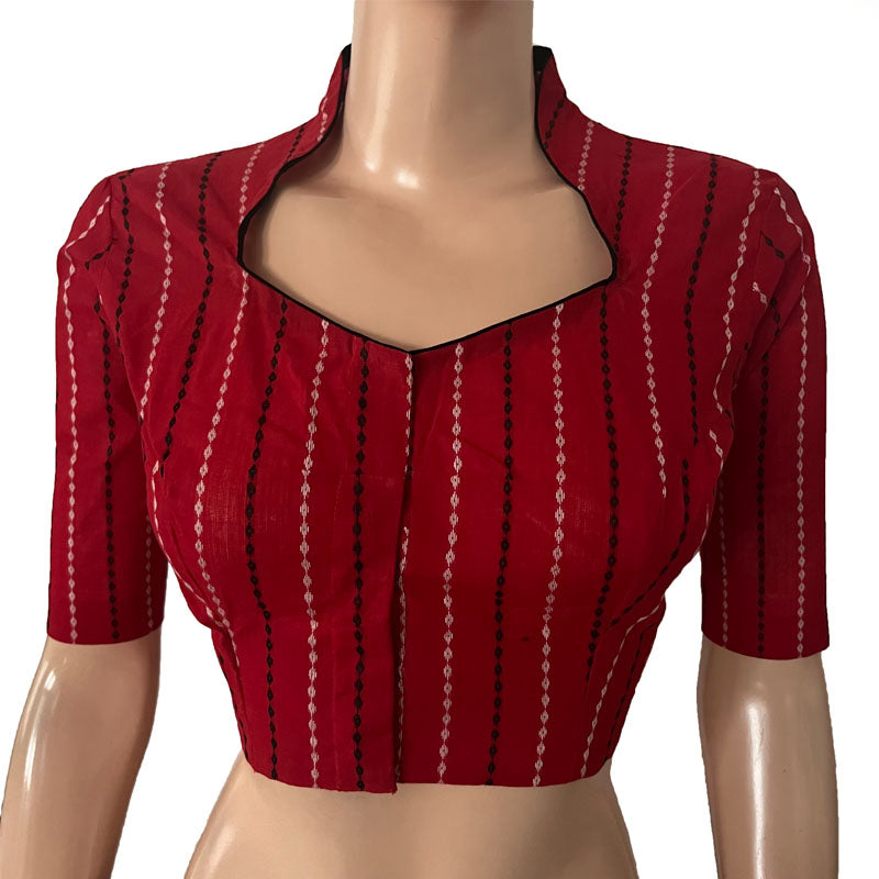 Woven  Handloom Cotton Striped  Highneck Blouse,  Red,  BH1276