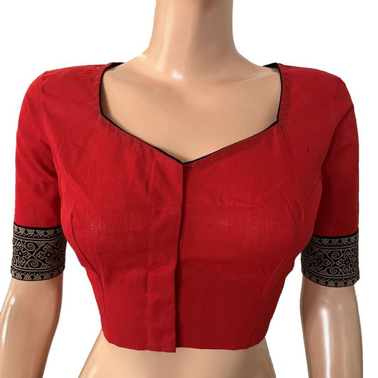 Flex Cotton Sweetheart neck Blouse with Ajrakh Patches,Red , BH1280