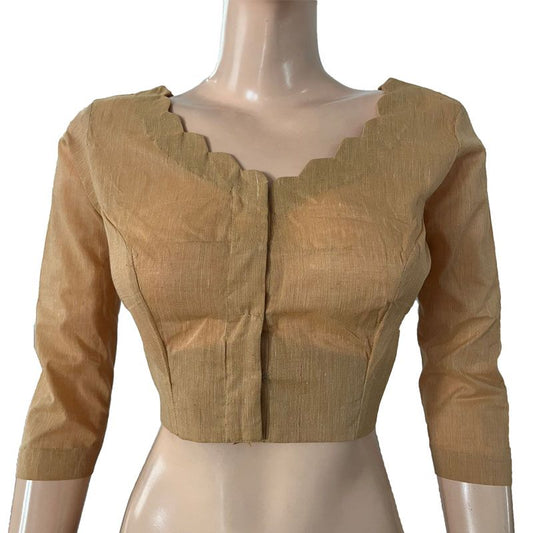 South Cotton Scallop neck Blouse with Lining ,Beige , BH1283