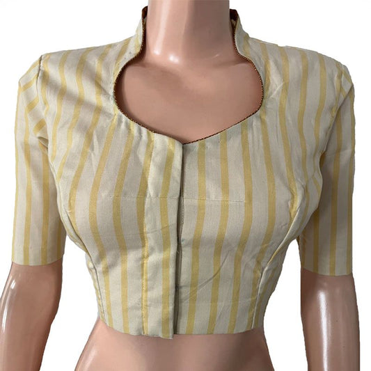 Woven Cotton Stripped High neck Blouse ,Yellow, BH1284