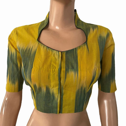 Mangalagiri Tie-dye Cotton High neck Blouse , Yellow- Green , BH1292