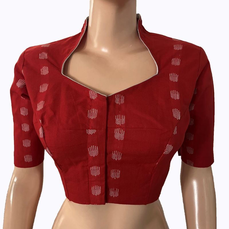 Jacquard Cotton High neck Blouse with lining , Rust , BH1289