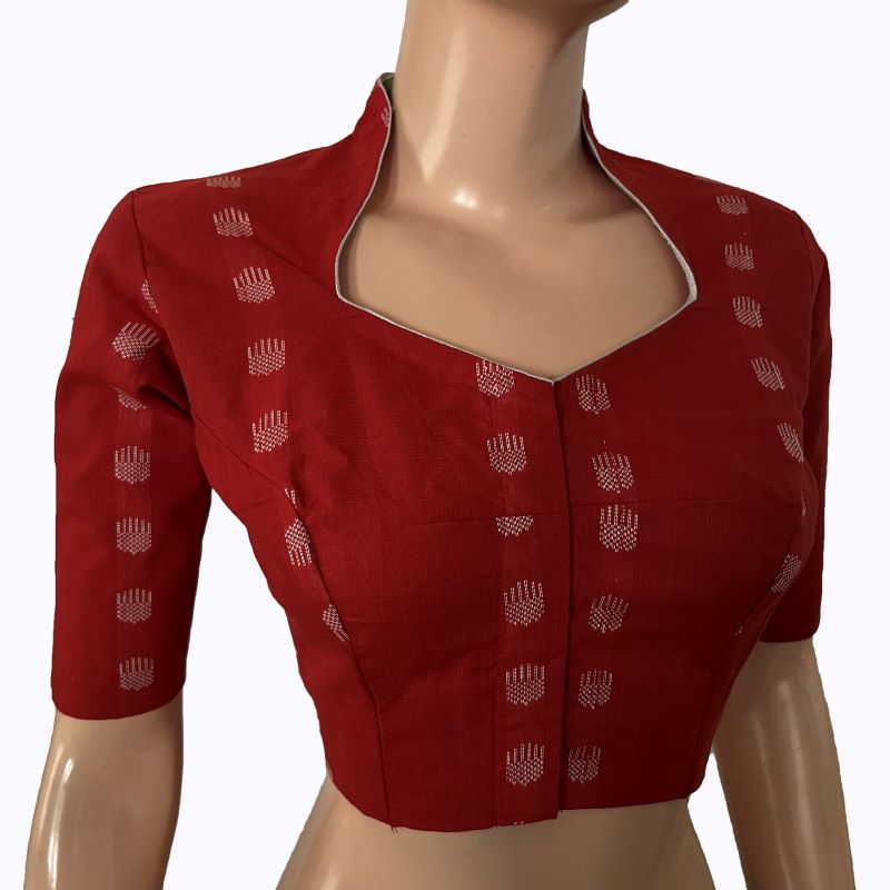 Jacquard Cotton High neck Blouse with lining , Red , BH1289