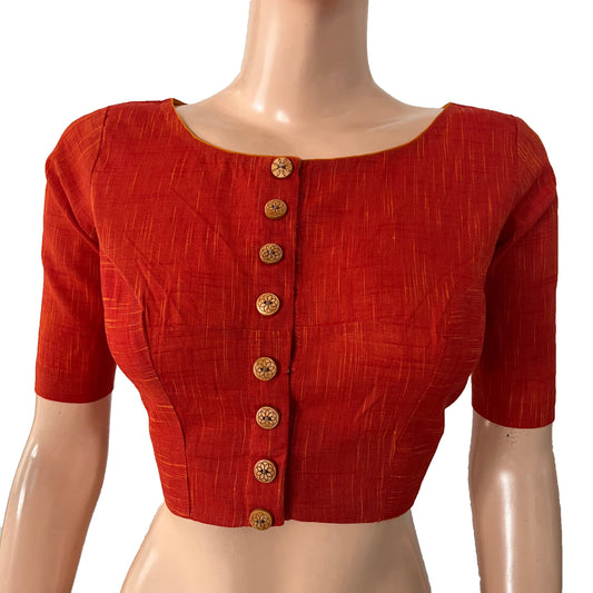 Slub Cotton Boat neck Blouse with Wooden Button Details, Rust  BH1291