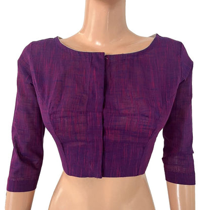 Handloom Slub Cotton Boat neck Blouse  with 3/4 sleeves , Purple , BH1293